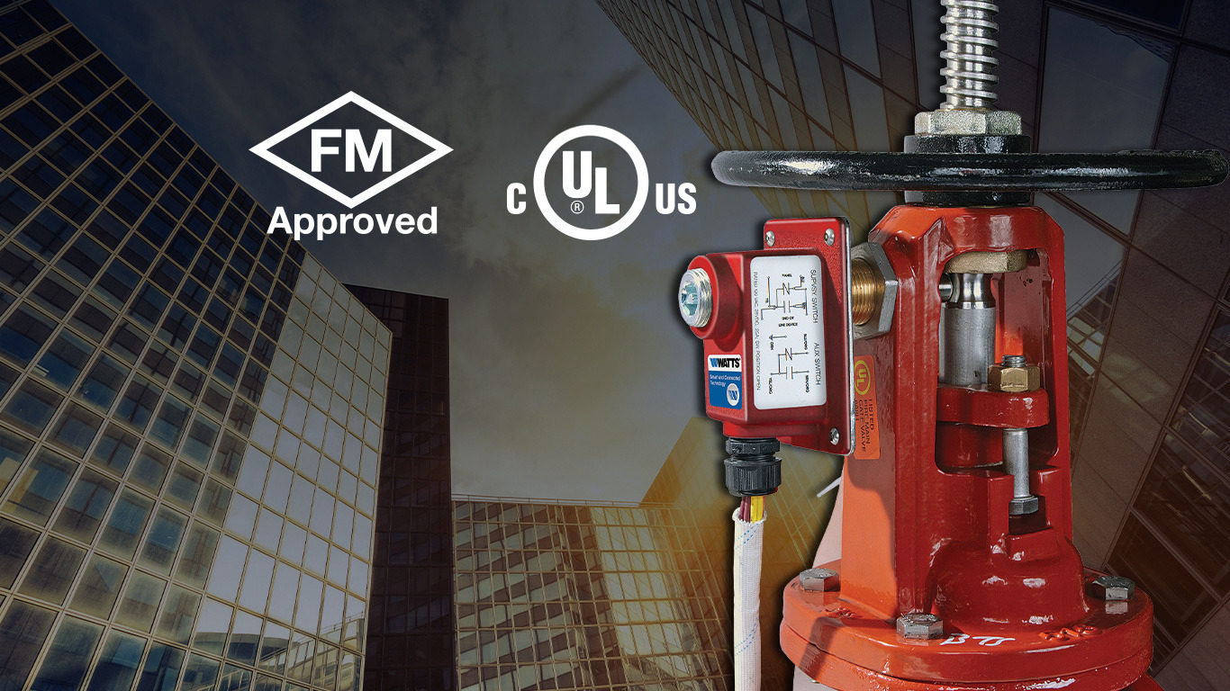 Ames Backflow Valve in red with flood sensor attached.